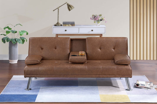 Living Room Brown Color Faux Leather 1pc Adjustable Sofa Fold-Down Table Cup Holders Tufted Upholstered Plush Cushion Couch Sofa
