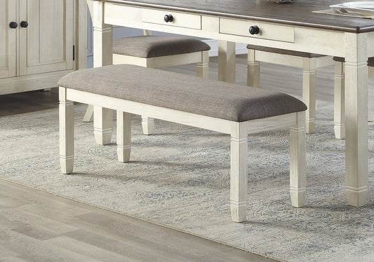 Antique White Finish 1pc 48-inch Bench Upholstered Seat Textured Fabric Wooden Dining Kitchen Furniture