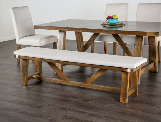 Modern Upholstery Bench With Cushion Rustic Style Trestle Base Upholstered Seat Brown And White Finish