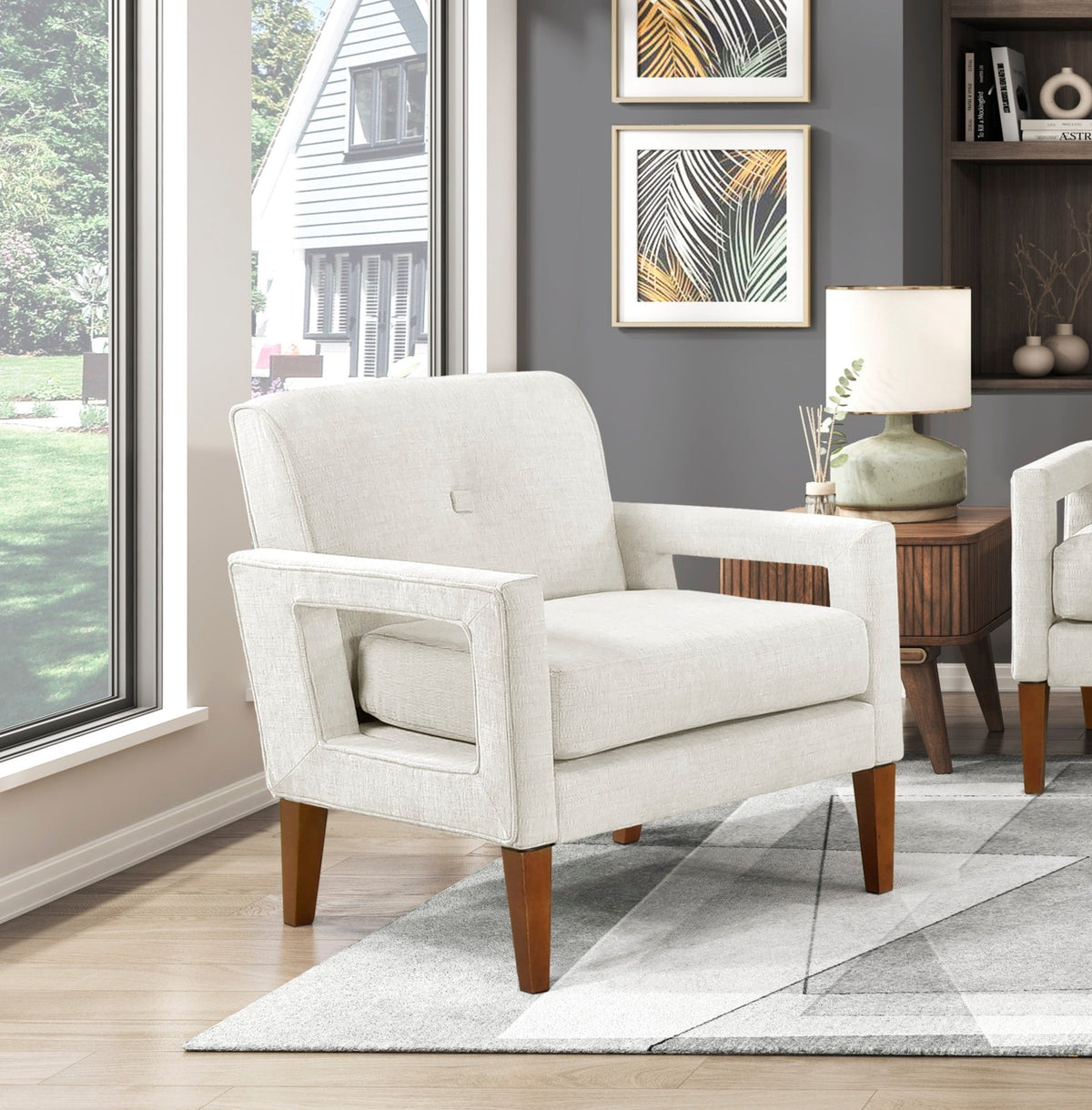 Modern Living Room Chair Beige Chenille Upholstery Pocket Coils Solid Wood Legs Furniture 1pc Armchair