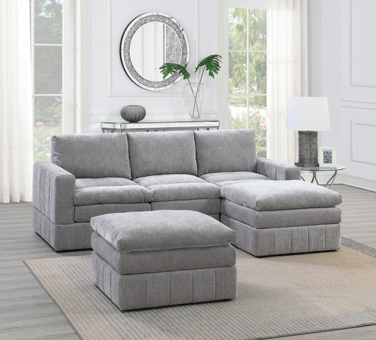 Contemporary 5pc Set Modular Sectional Set 2x One Arm Chair / Wedge 1x Armless Chair 2x Ottoman Granite Color Morgan Fabric Plush Living Room Furniture