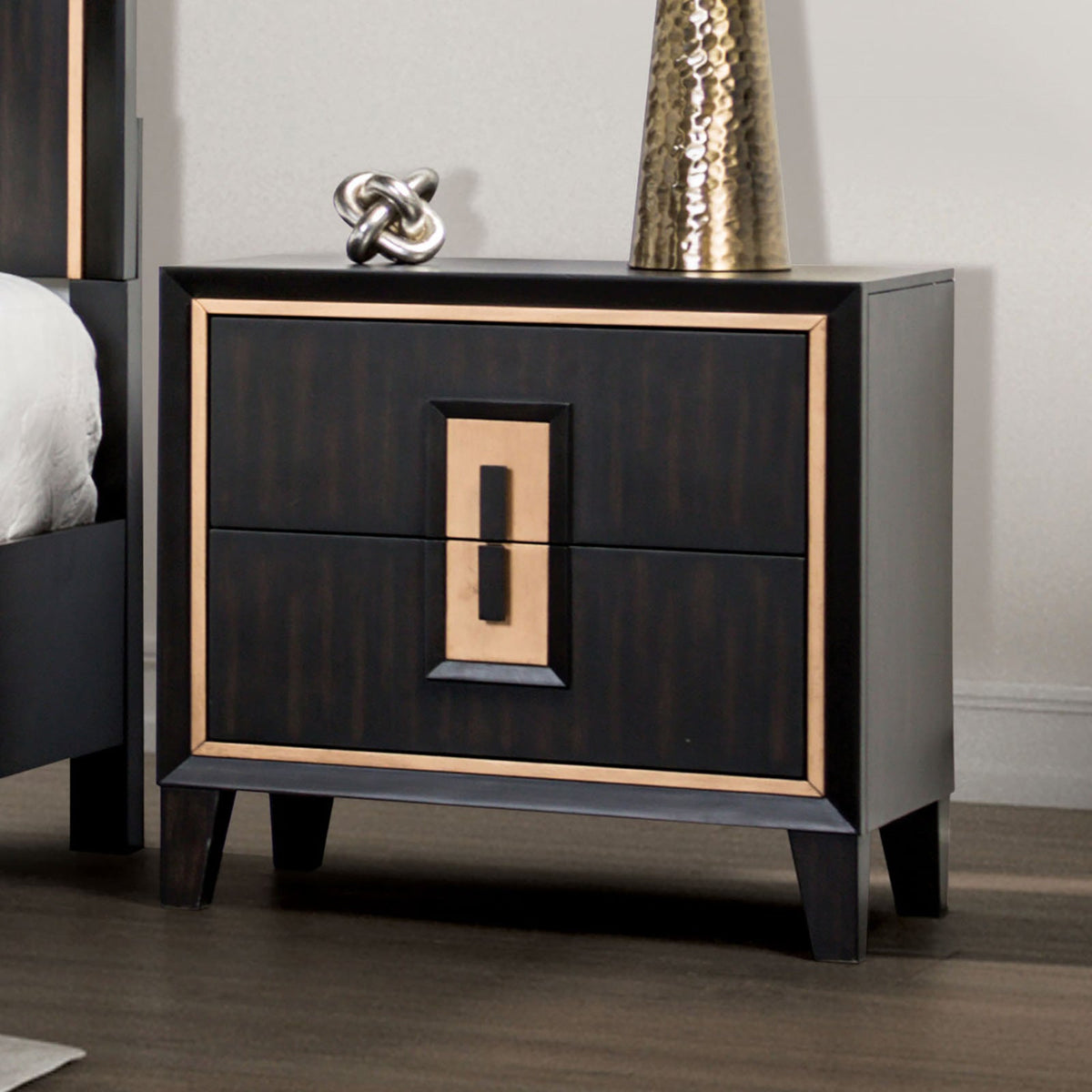 Modern Espresso Bedside Table Bedroom Furniture 1pc Nightstand Gold Accent Trim Wooden Finger Pull