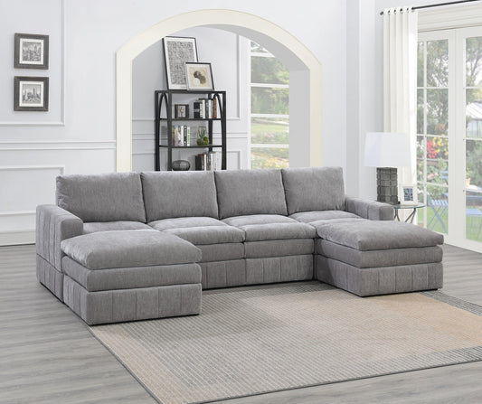 Contemporary 6pc Set Modular Sectional Set 2x One Arm Chair / Wedge 2x Armless Chairs 2x Ottomans Granite Color Morgan Fabric Plush Living Room Furniture