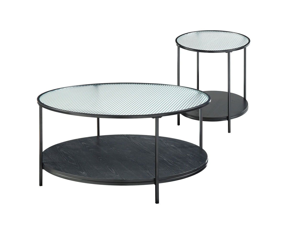 2pc Modern Occasional Table Set Coffee Table Glass Top End Table Black Metal Finish Living Room Furniture