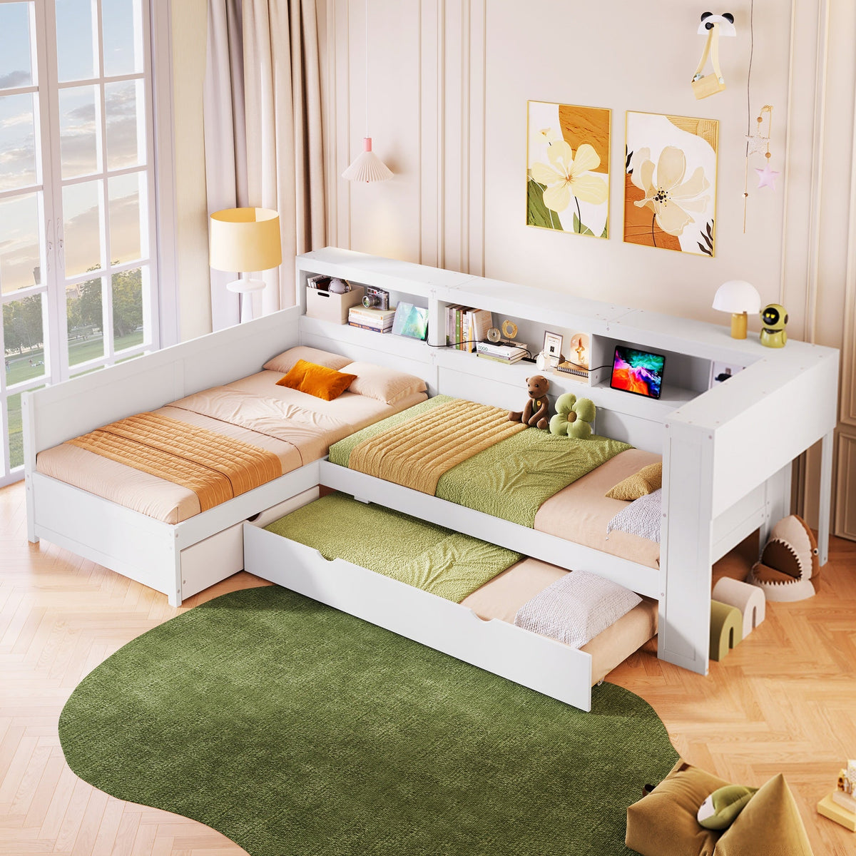 Wood Twin Size L-shaped Platform Bed with Trundle and a Drawer, White