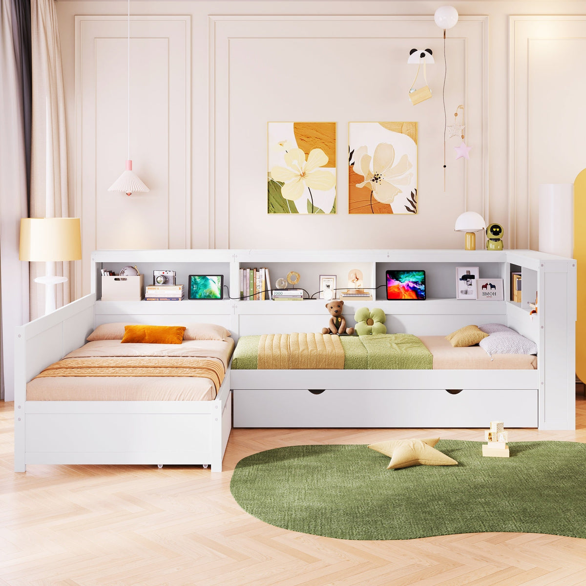 Wood Twin Size L-shaped Platform Bed with Trundle and a Drawer, White