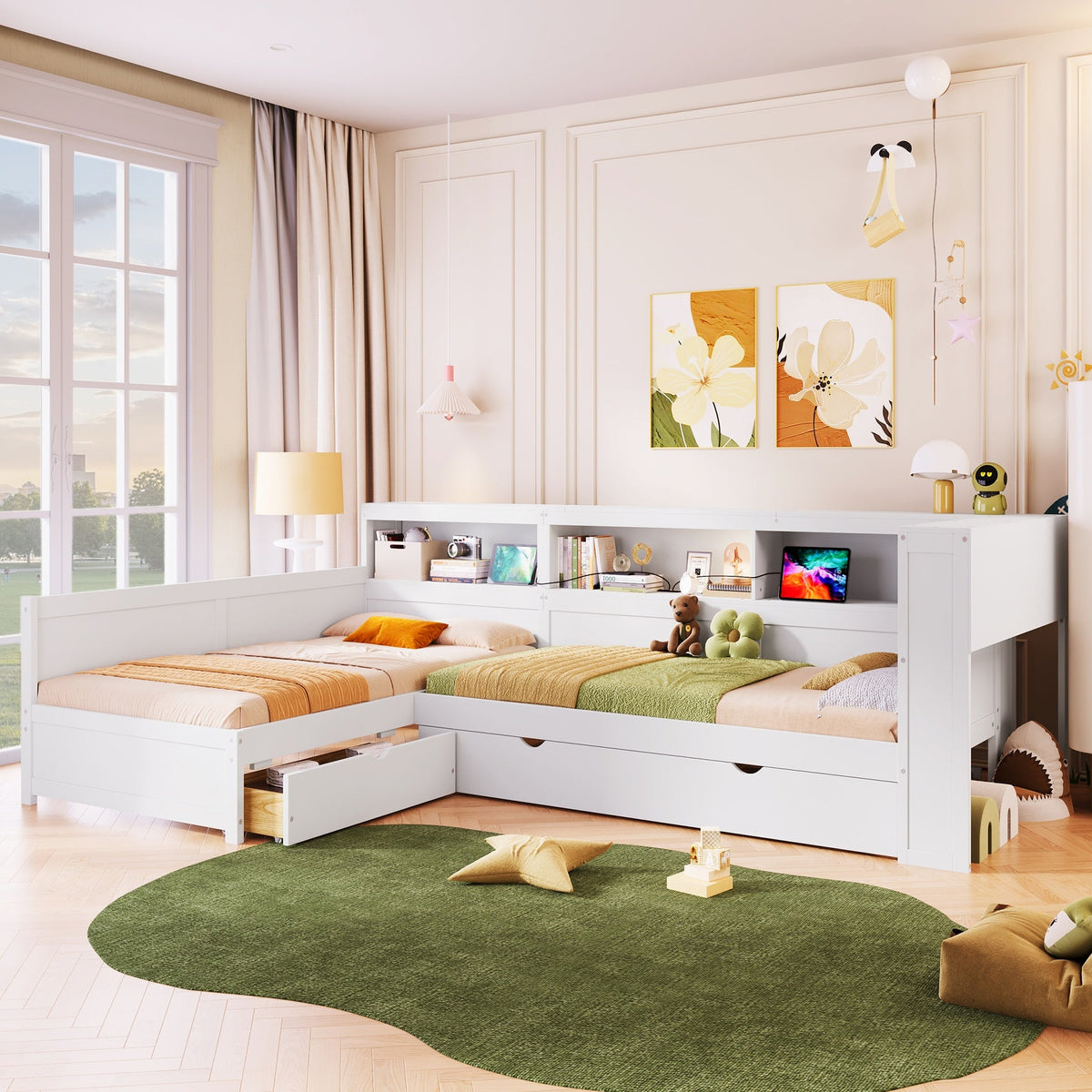 Wood Twin Size L-shaped Platform Bed with Trundle and a Drawer, White