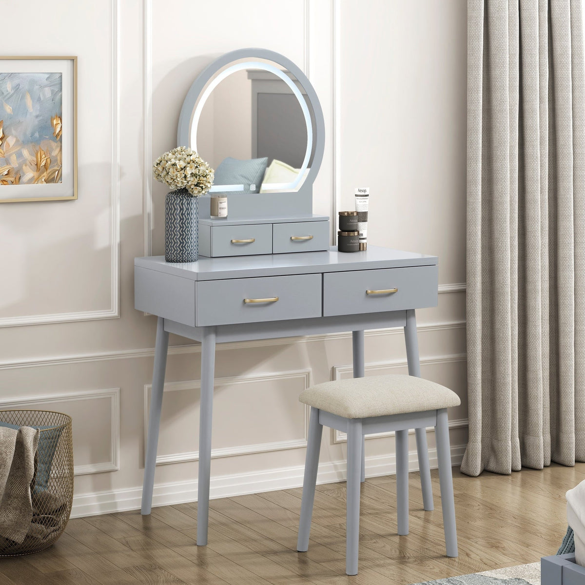 Beautiful Gray Finish Vanity Dresser with Mirror and Stool Set Storage Drawers Luxury Furniture 1pc LED Mirror
