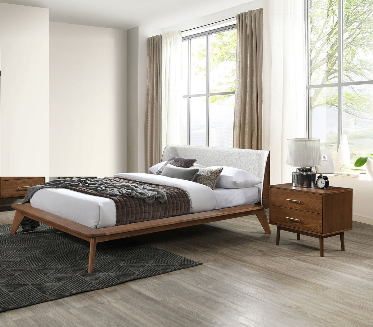 Gorgeous Walnut 3pc Bedroom Set King Size Bed 2x Nightstands Beige Upholstered Fabric Winged Edge Panel HB Mid-Century Modern Style