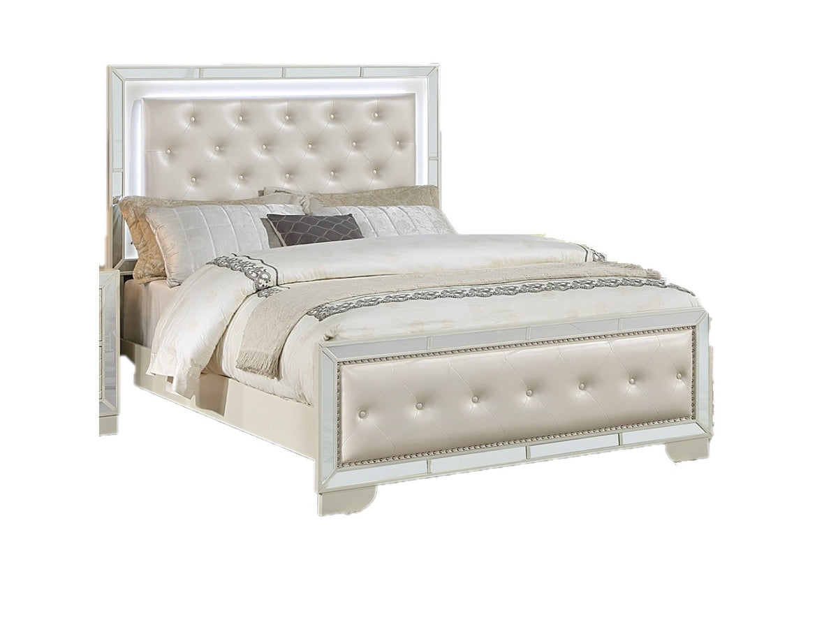 Cream Ivory Tufted Faux Leather Queen Size Bed w LED Lights Beautiful 1pc Panel Bedframe Mirror Trim