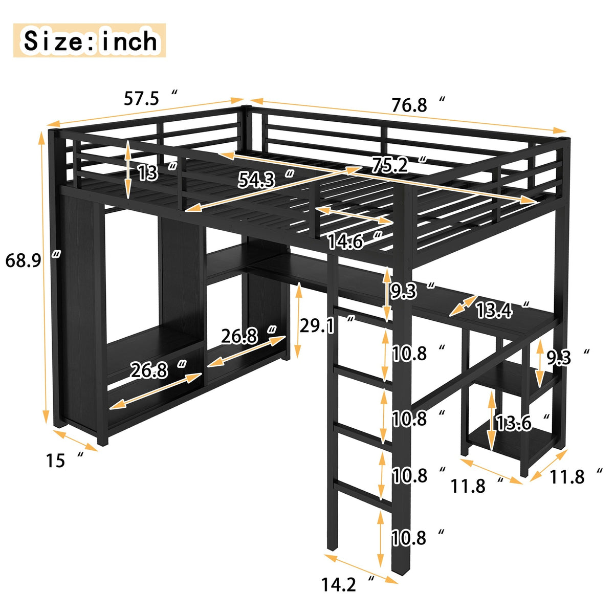 Full Size Loft Bed Frame with Built-in Wardrobe, Metal Loft Bed with Desk and Storage Shelves, Black