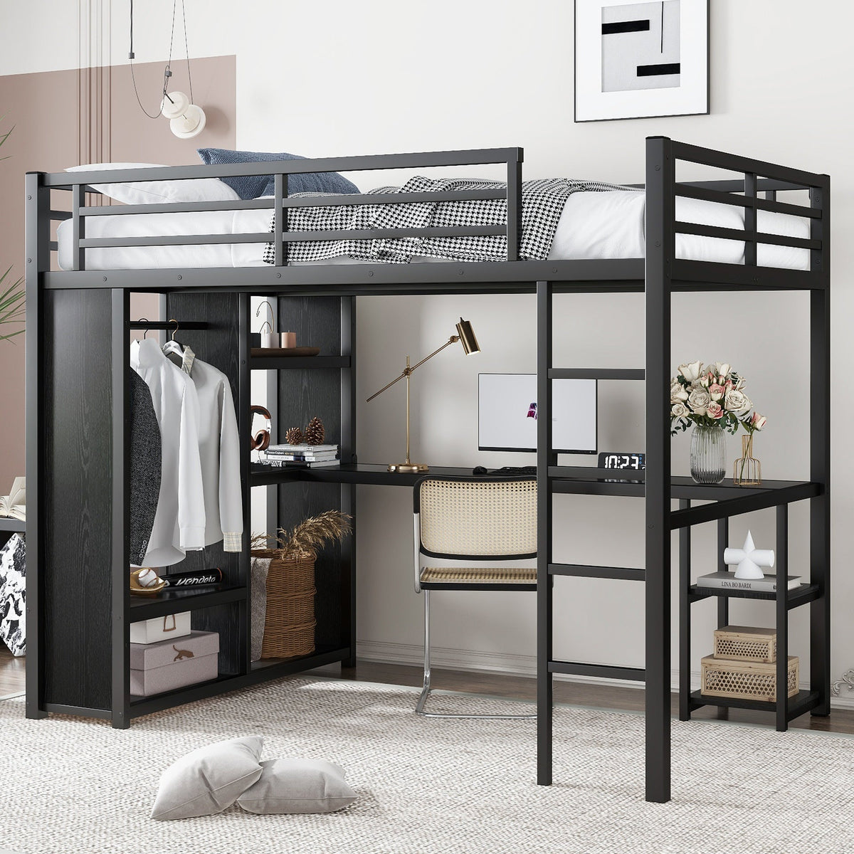 Full Size Loft Bed Frame with Built-in Wardrobe, Metal Loft Bed with Desk and Storage Shelves, Black