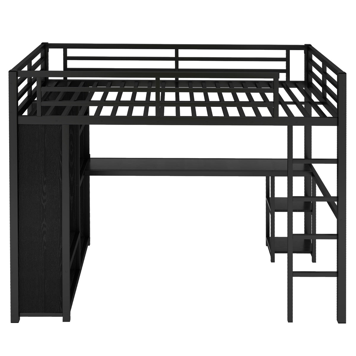 Full Size Loft Bed Frame with Built-in Wardrobe, Metal Loft Bed with Desk and Storage Shelves, Black