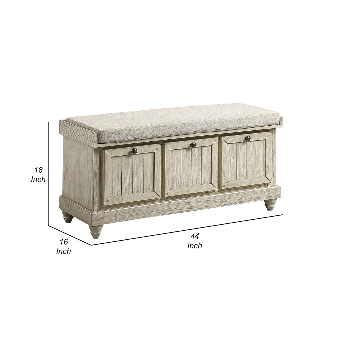 Wali 44 Inch Bench with Lift Top Storage, Cushioned Seat Antique White