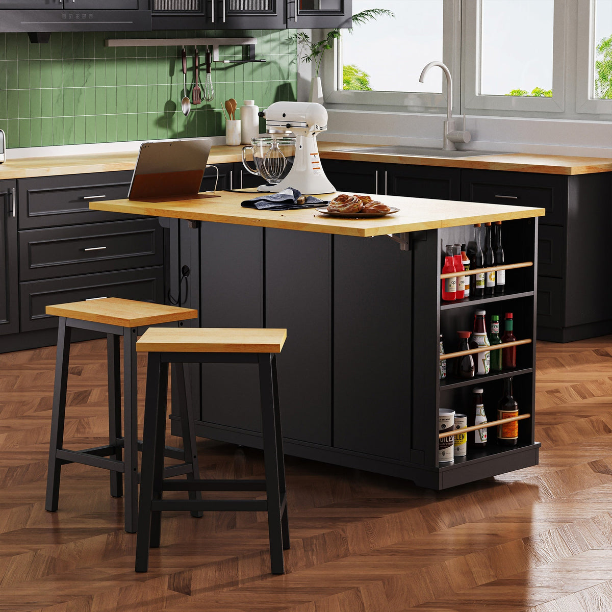 K&K 53inch Large Kitchen Island with Drop Leaf,Power Outlet,Door Internal Storage Rack,Rolling Kitchen Cart on 5 Wheels with 5 Open Side Racks for Kitchen,Black(Two Packages)(Stools not included)