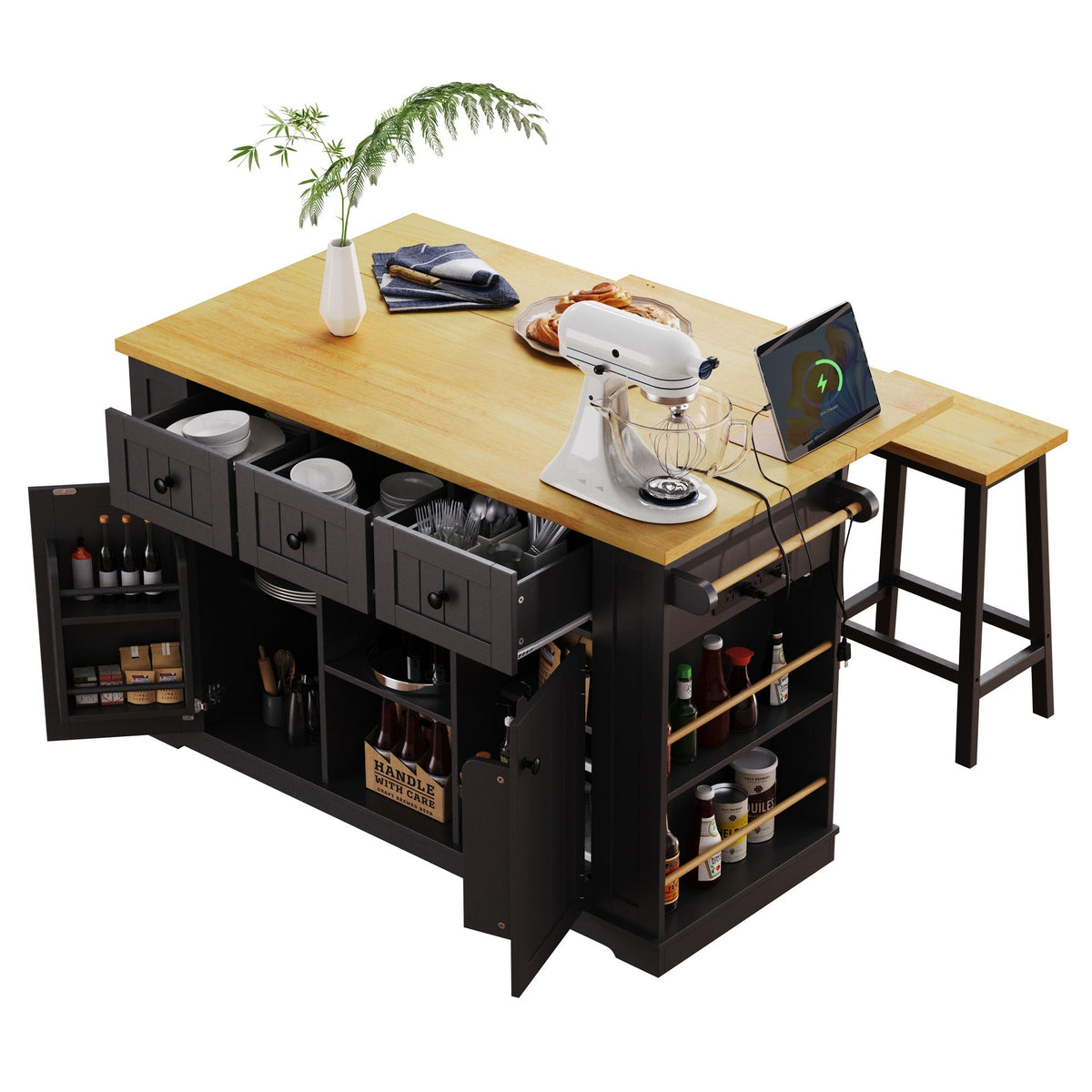 K&K 53inch Large Kitchen Island with Drop Leaf,Power Outlet,Door Internal Storage Rack,Rolling Kitchen Cart on 5 Wheels with 5 Open Side Racks for Kitchen,Black(Two Packages)(Stools not included)