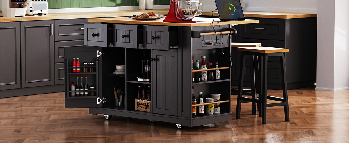 K&K 53inch Large Kitchen Island with Drop Leaf,Power Outlet,Door Internal Storage Rack,Rolling Kitchen Cart on 5 Wheels with 5 Open Side Racks for Kitchen,Black(Two Packages)(Stools not included)