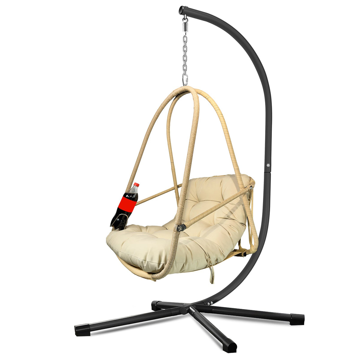 Swing Egg Chair with Stand Indoor Outdoor Wicker Rattan Patio Basket Hanging Chair with C Type bracket , with cushion and pillow,Patio Wicker folding Hanging Chair( Special construction cup holder