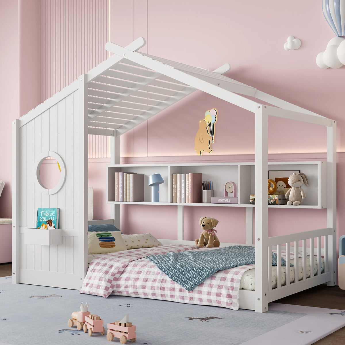 Twin Size Floor House Bed for Toddler, Kids Montessori Bed  with Storage Shelf, Playhouse Bed with Roof Design, White