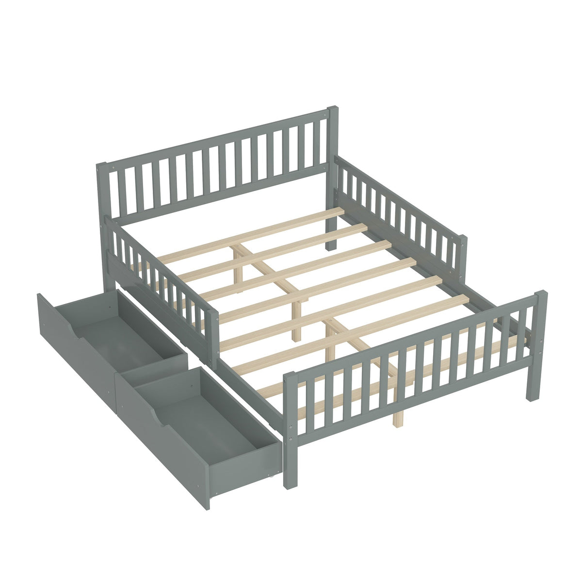 Full Size Wood Platform Bed with Guardrails on Both Sides and Two Storage Drawers, Gray