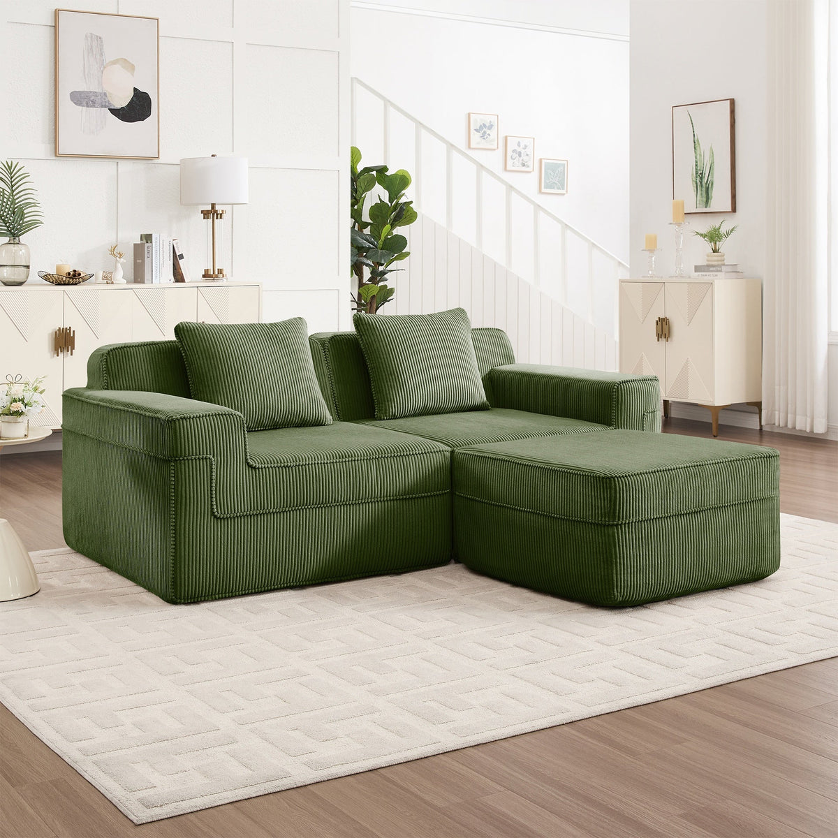 Modular 2 Seat L Shape Sectional Boneless Sofa, Cloud Sectional Couch with Deep Seat, Modern Modular 2-Seat Sofa Couch with Throw Pillows and 1 Movable Ottoman, Corduroy Fabric Green