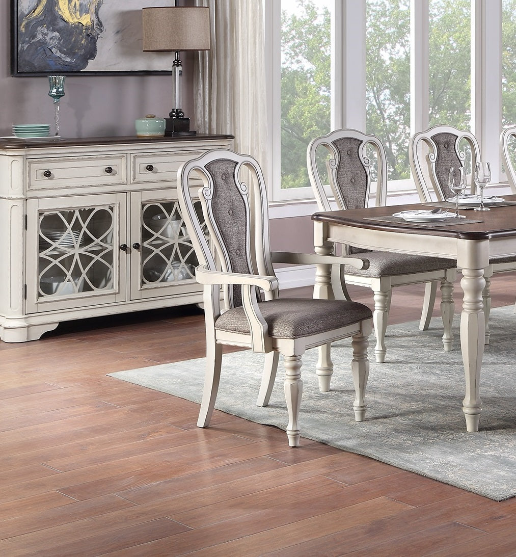 Antique White Set of 2pc Dining Arm Chairs Upholstered Tufted Unique Design Chairs Back Cushion Seat Dining Room