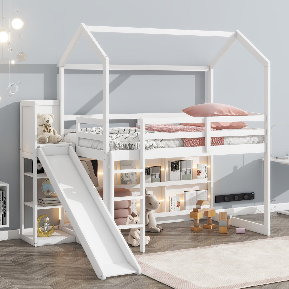 Twin Size Wood House Loft bed with Slide, Storage shelves and Light, White