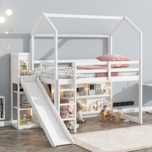 Twin Size Wood House Loft bed with Slide, Storage shelves and Light, White