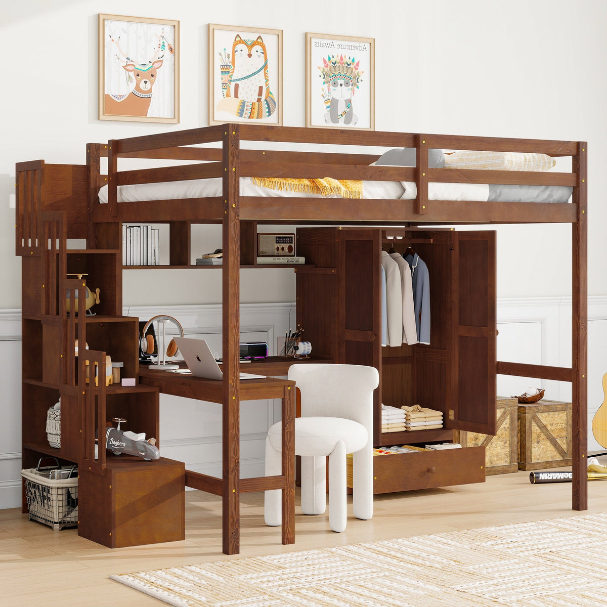 Full Size Loft Wood Bed with Desk, Book shelves and Wardrobe with Doors and Drawer, Built-in Staircase with Storage Shelves, Loft Bed with Safety Guardrails and Solid Slats,Walnut