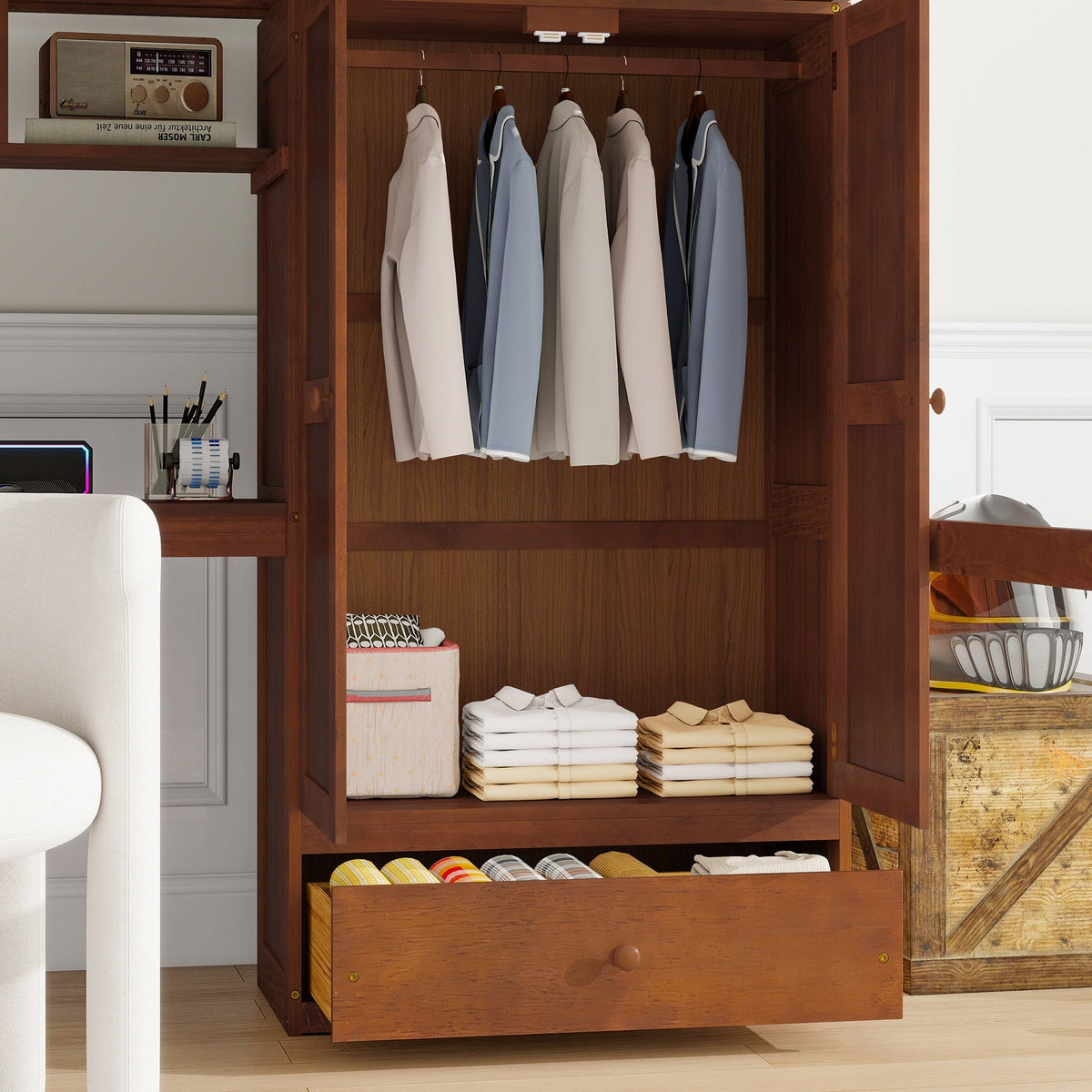 Full Size Loft Wood Bed with Desk, Book shelves and Wardrobe with Doors and Drawer, Built-in Staircase with Storage Shelves, Loft Bed with Safety Guardrails and Solid Slats,Walnut