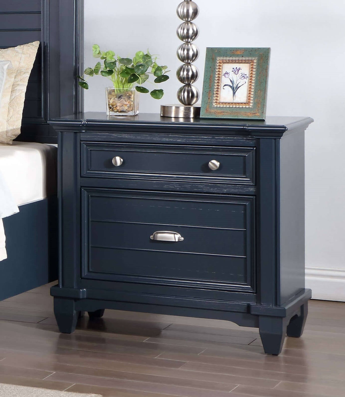 Transitional Style 1pc Nightstand Nickel Round Knobs And Cup Pull Ball Bearing Glide Slate Blue Finish Bedroom Furniture