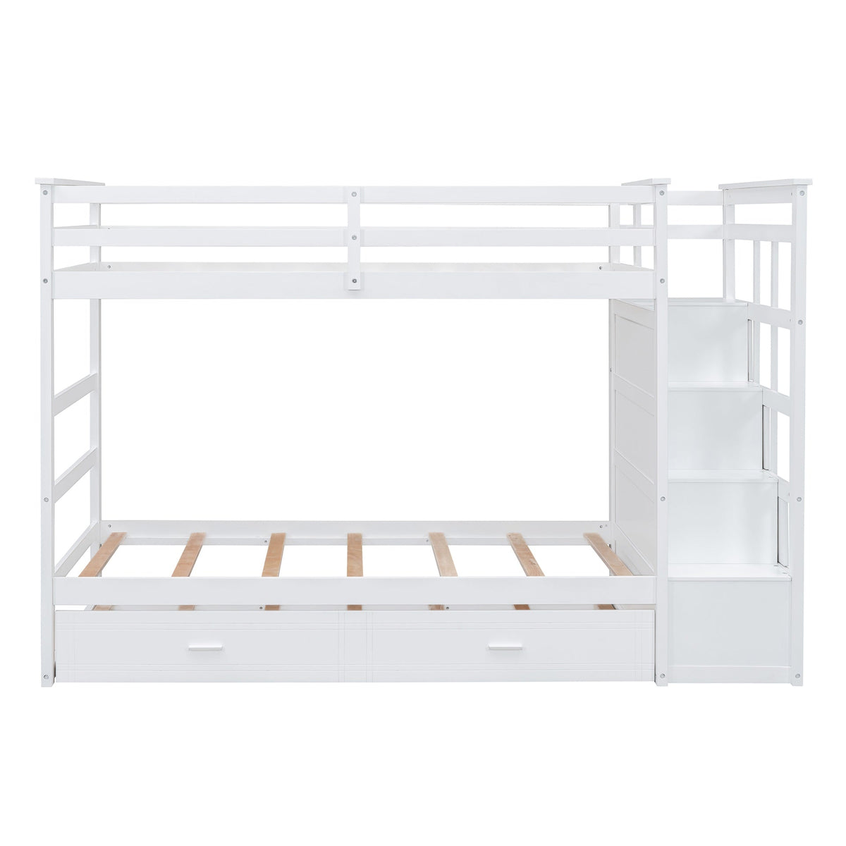 Twin Over Twin Bunk Bed with Trundle and Staircase,White
