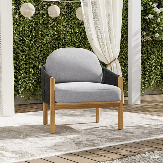 Grotta Outdoor Wood Club Chair, Dark Gray Rope with Gray Cushion