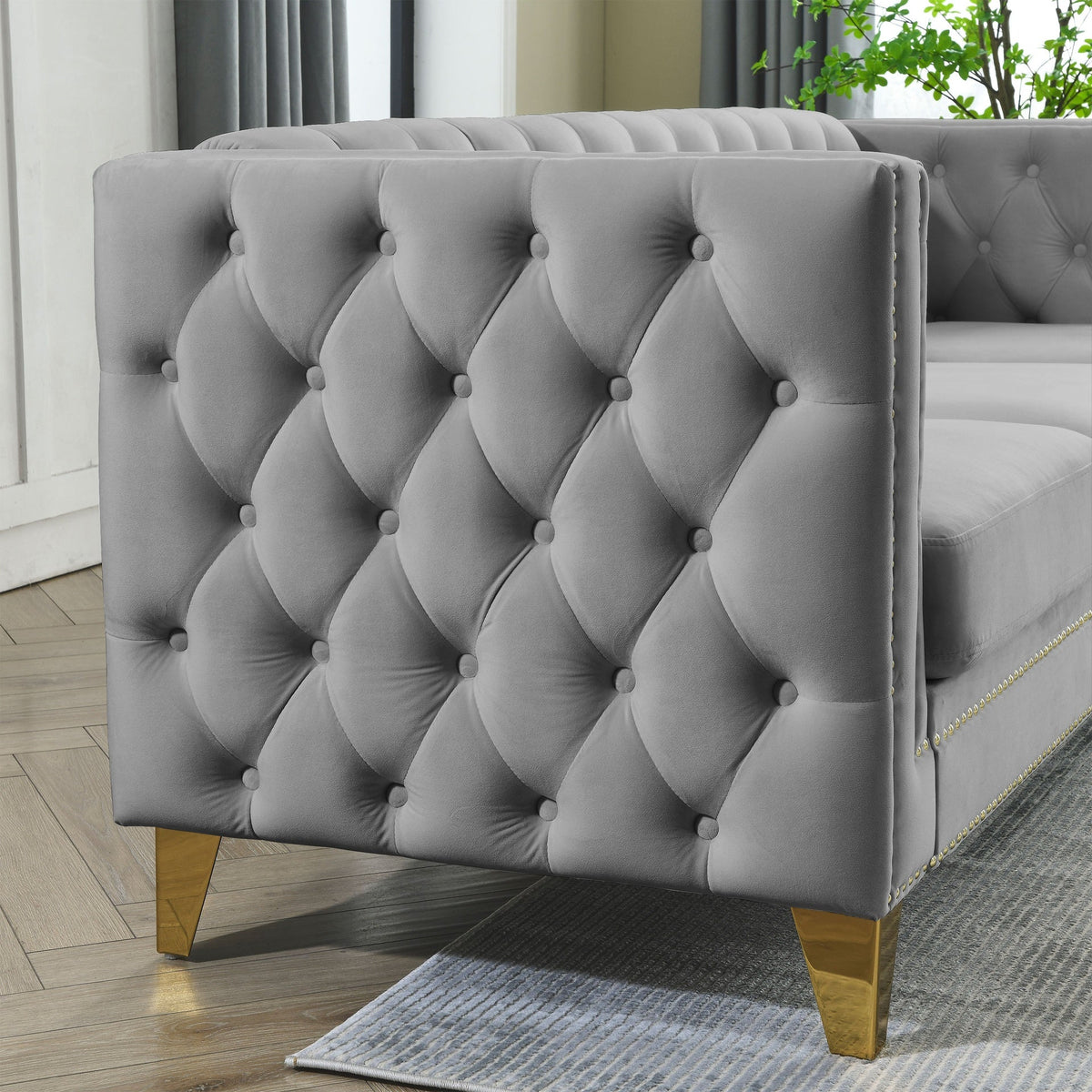Velvet Sofa for Living Room,Buttons Tufted Square Arm Couch, Modern Couch Upholstered Button and Metal Legs, Sofa Couch for Bedroom, Grey Velvet(W834S00020)