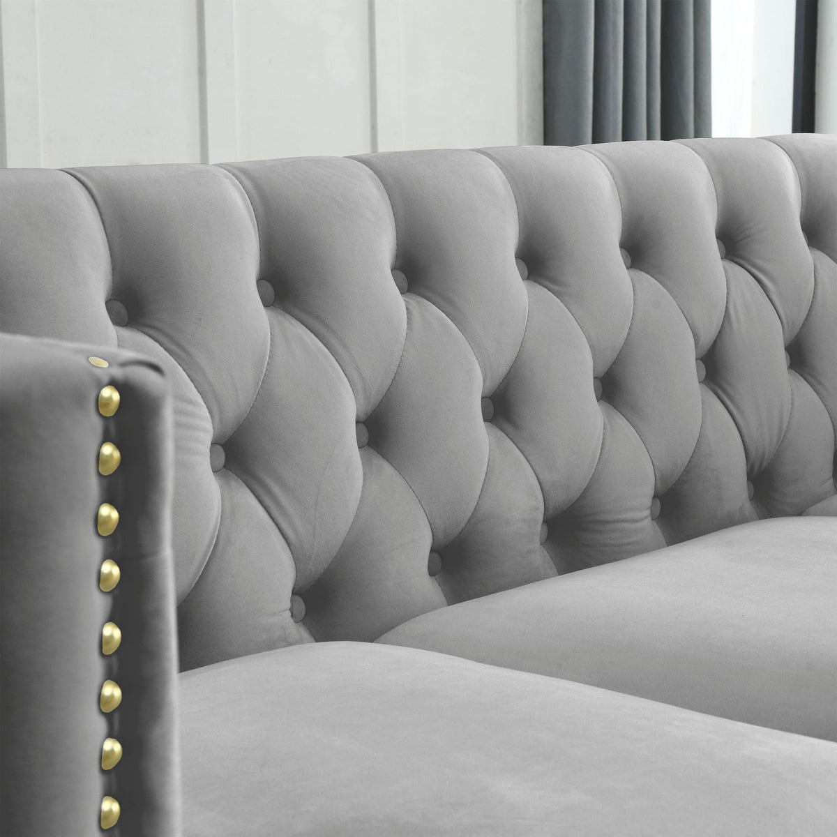 Velvet Sofa for Living Room,Buttons Tufted Square Arm Couch, Modern Couch Upholstered Button and Metal Legs, Sofa Couch for Bedroom, Grey Velvet(W834S00020)