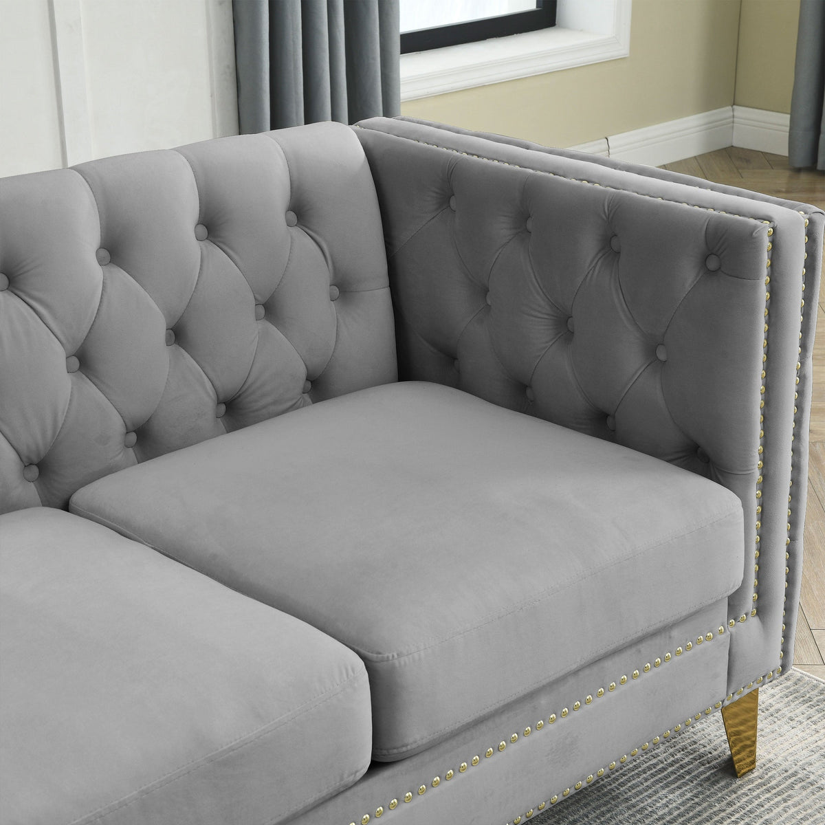Velvet Sofa for Living Room,Buttons Tufted Square Arm Couch, Modern Couch Upholstered Button and Metal Legs, Sofa Couch for Bedroom, Grey Velvet(W834S00020)
