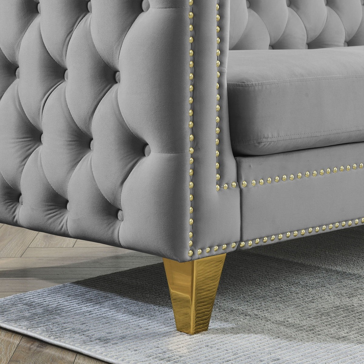 Velvet Sofa for Living Room,Buttons Tufted Square Arm Couch, Modern Couch Upholstered Button and Metal Legs, Sofa Couch for Bedroom, Grey Velvet(W834S00020)