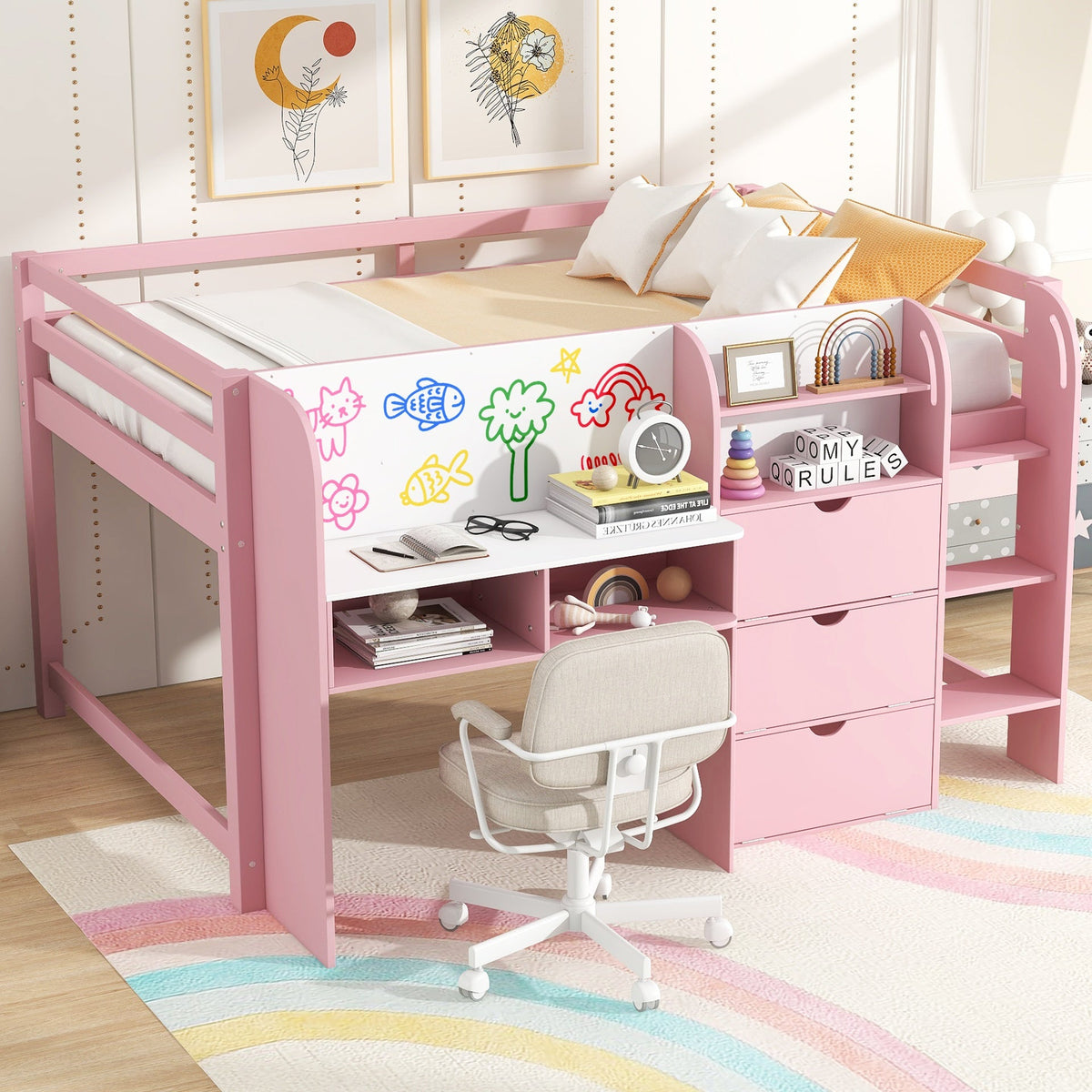 Full Size Low Loft Bed with Built-in Desk,Storage Cabinets and Open Bookcase,Whiteboard for Graffiti,Pink