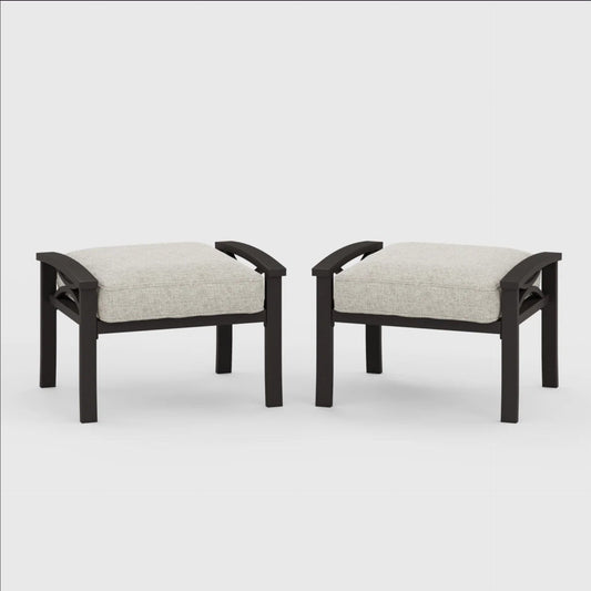 Set of 2 All-Weather 26 Inches Width Metal Ottomans, Khaki Frame with Beige Cushions