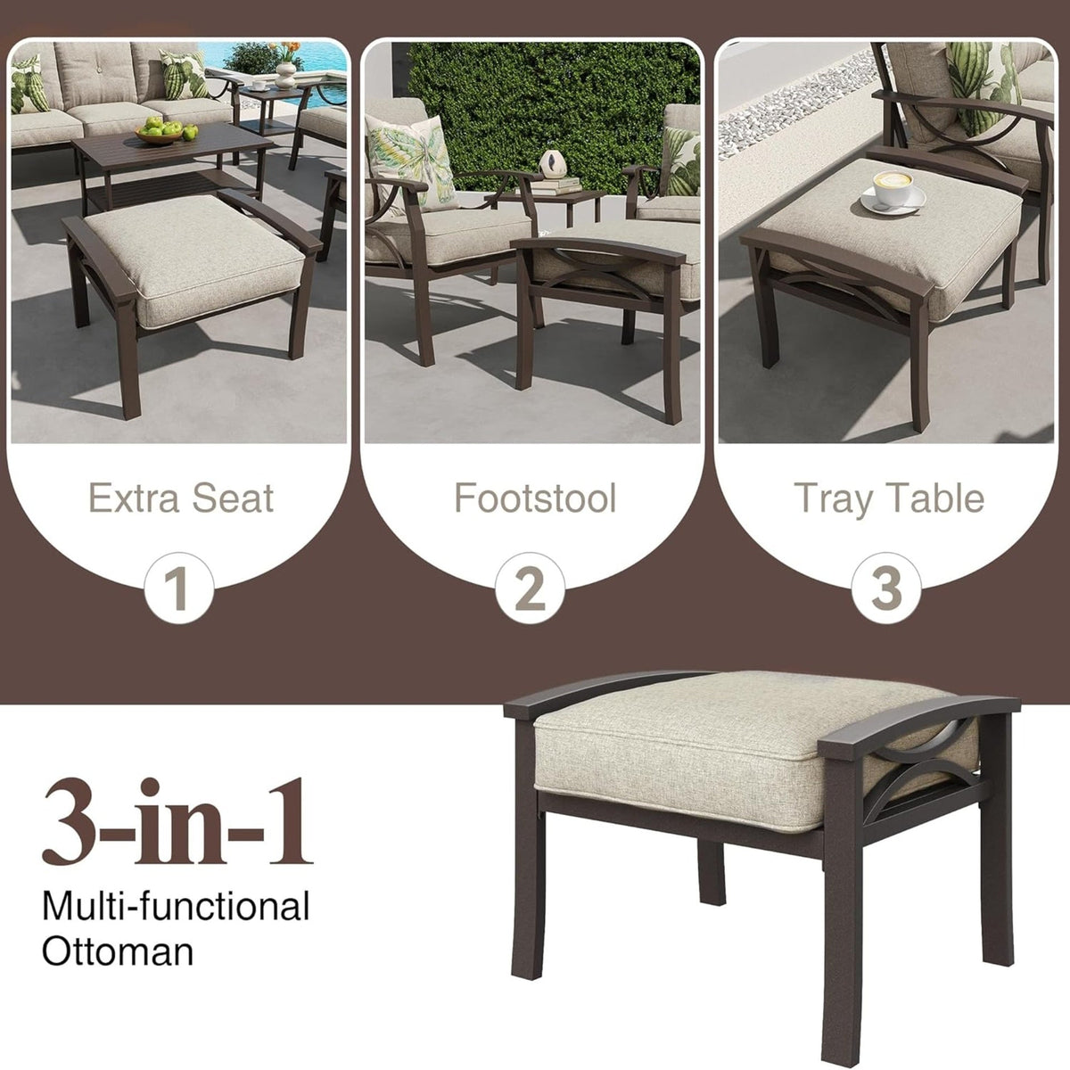 Set of 2 All-Weather 26 Inches Width Metal Ottomans, Khaki Frame with Beige Cushions