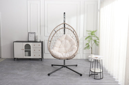 Outdoor Egg-shaped Hanging Chair with Stand, Patio Egg-shaped Swing Chair, Indoor Rocking Chair, Outdoor Hammock Egg-shaped Chair, Beige