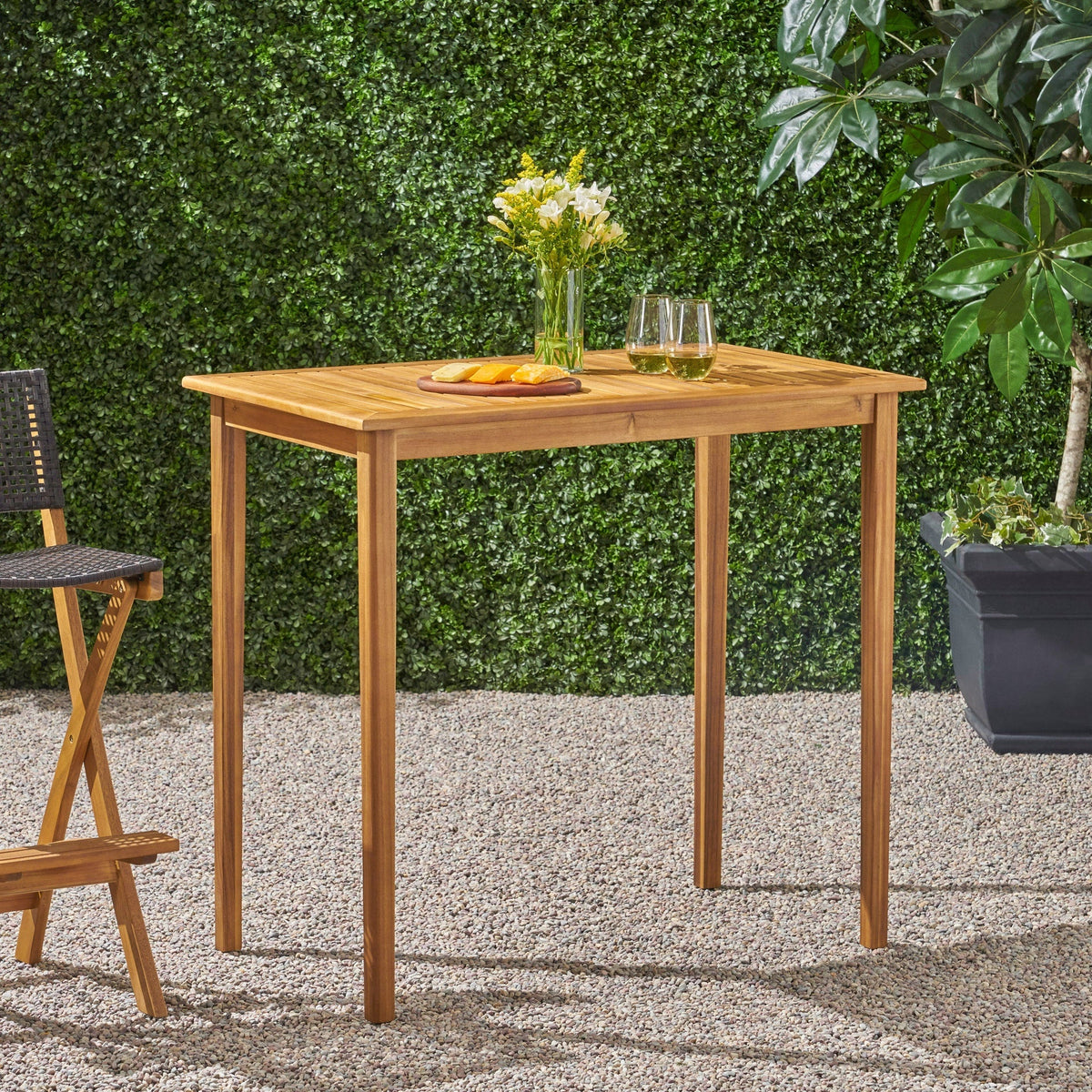 Outdoor Minimalist Acacia Wood Rectangle Bar Table - Teak Finish