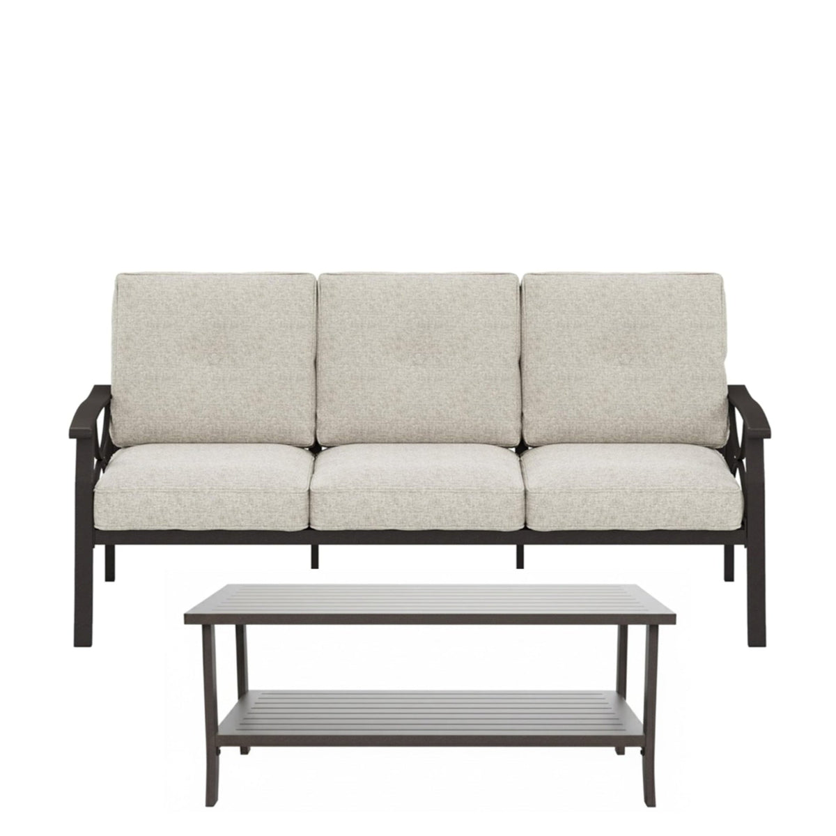 2 Piece Outdoor Patio Set, 70 Inches All-Weather Metal 3-Seat Metal Patio Sofa and Rectangular coffee Table, with Beige Cushions & Khaki Frame