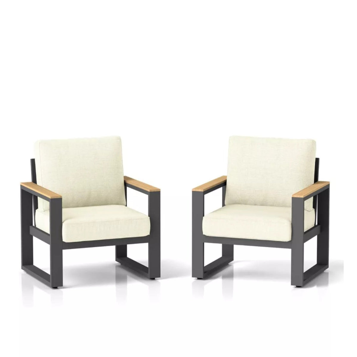 Set of 2 26.6" All-Weather Aluminum Patio Armchairs with Thick Beige Cushions