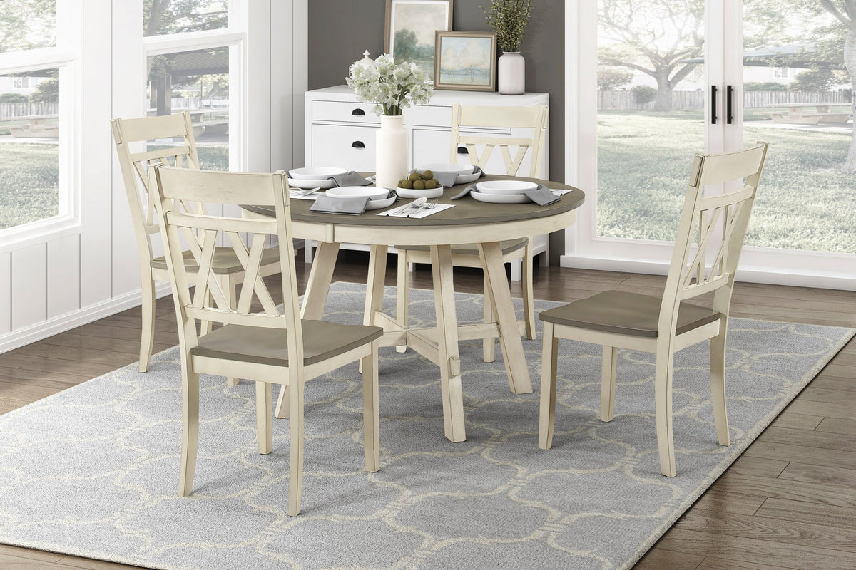 Contemporary Farmhouse Style Round Dining 5Pcs Set Table and 4x Side Chairs Wooden Furniture Antique White Gray Finish
