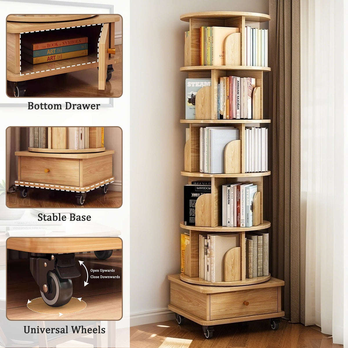 6 Tier Rotating Bookshelf, 360° Display Round Spinning Bookshelf with Wheels and Drawer, Space-Saving, Small Space Rotating Bookshelf Tower for Bedroom, Living Room, Home, Office, Wood Color