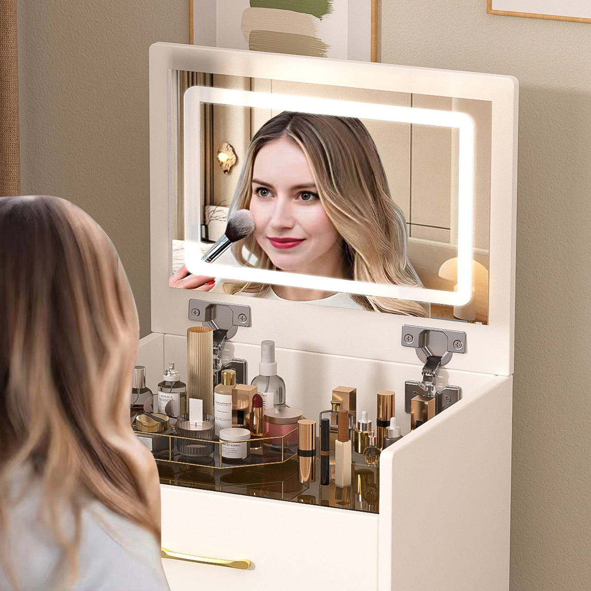 3 in 1 Vanity Desk with open Top Mirror,Small Make Up Vanity Set with Visible Glass Desktop,Compact Makeup Vanity with 3 Drawers,Dressing Table for Bedroom