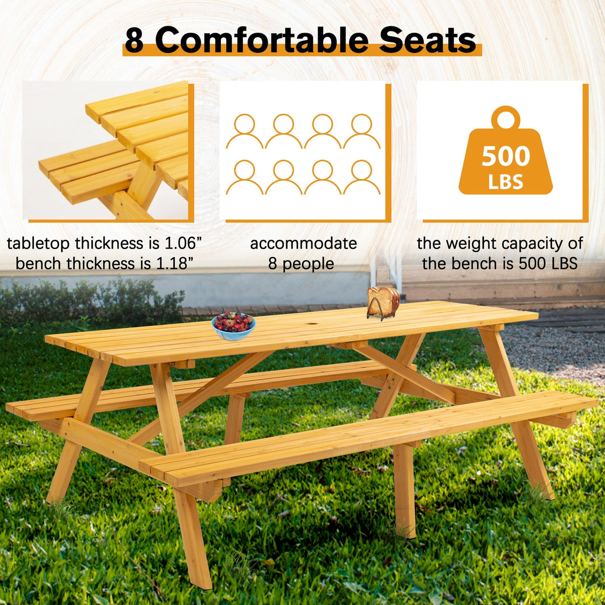 8 Person Brown Wooden Picnic Table, Outdoor Camping Dining Table with 2 Seats, Garden, DIY with 2 Built-in Benches, 2220lb Capacity