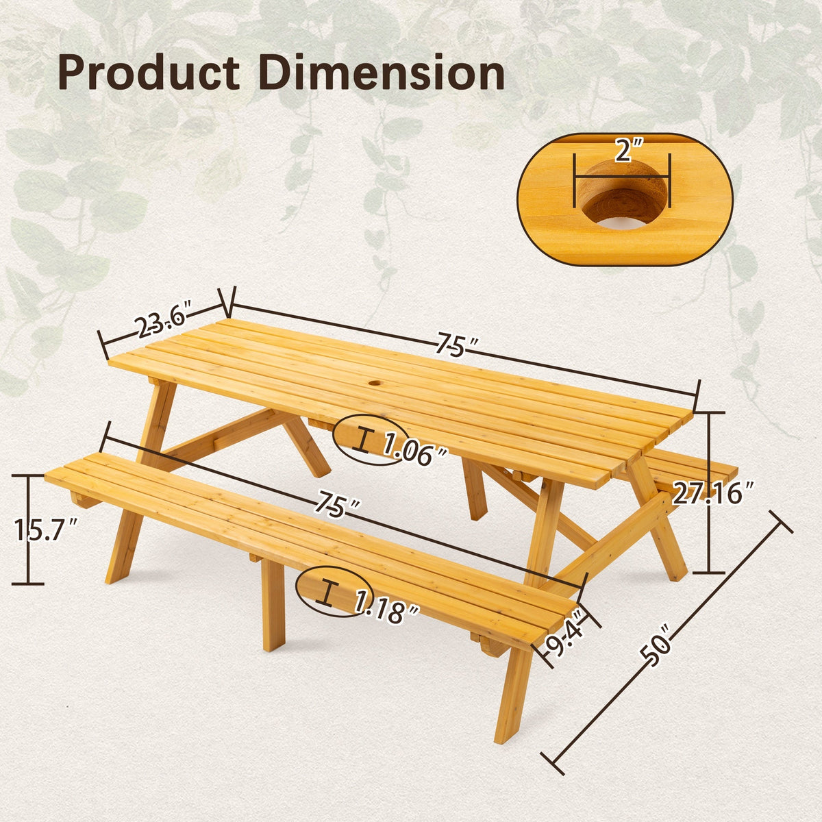8 Person Brown Wooden Picnic Table, Outdoor Camping Dining Table with 2 Seats, Garden, DIY with 2 Built-in Benches, 2220lb Capacity