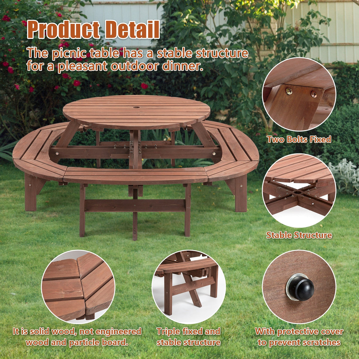 10-12-person Round Outdoor Wooden Picnic Table for Patio, Backyard, Garden, DIY with 1 Built-in Ring Stool, 500-lb Weight Capacity - Walnut Brown